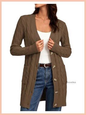 Cable Knit Button Down Chunky Cardigan Loose Fit Long Sleeve Warm Sweater